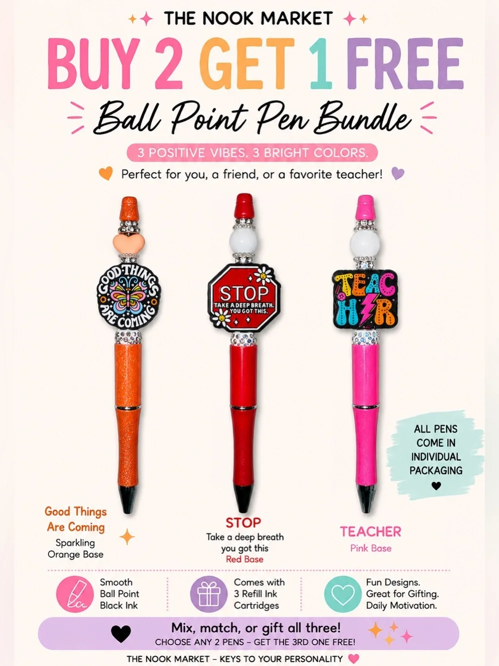 NWT Motivational Ball Point Beaded Pens Buy 2 Get 1 FREE! 3 Pens+3 Ink Refills